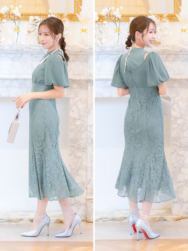 SALE] ショルダーカットパフスリーブ×総レースマーメイドドレス(S