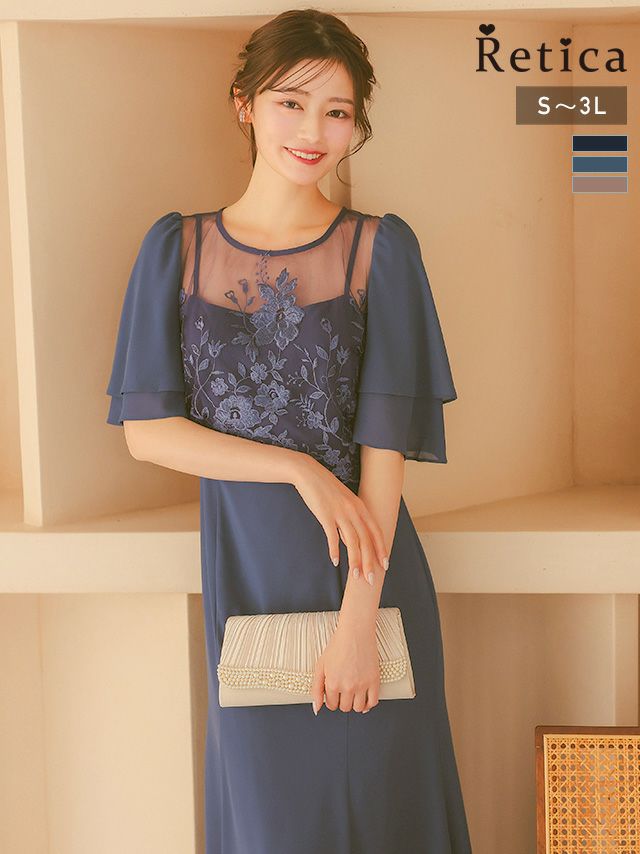 SALE] フラワー刺繍シフォンスリーブワンピースパーティードレス(S