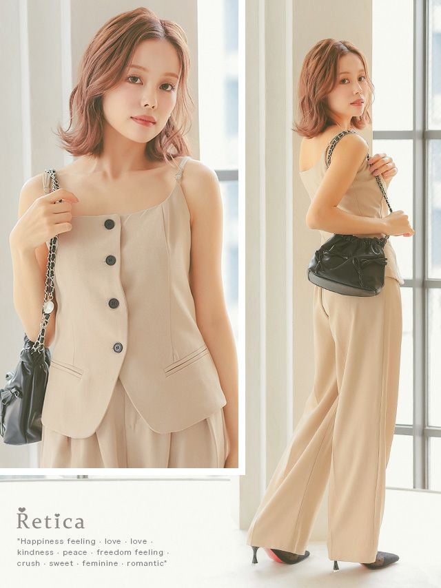 SUPER SALE] フロントボタンキャミソールビスチェ×ワイドパンツ