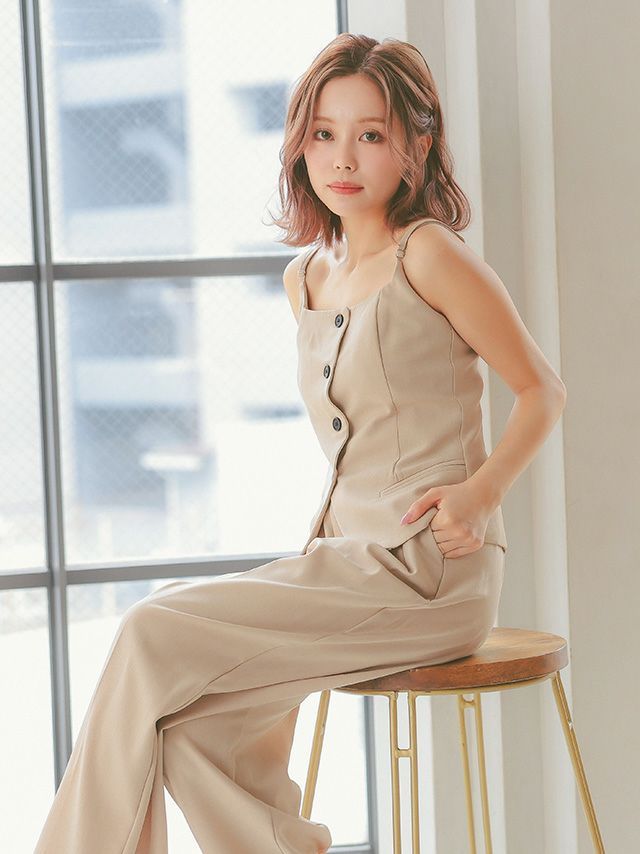 フロントボタンキャミソールビスチェ×ワイドパンツセットアップ(S