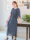 ロングドレス｜[SUPER SALE] 半袖ウエストリボン付き胸元レースパーティードレス(Sサイズ～3Lサイズ) 163cmモデル着用
