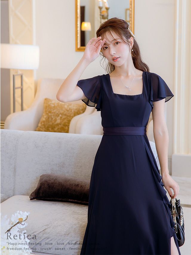 SALE] スクエアネックスリットロング丈パーティードレス(Sサイズ～4L