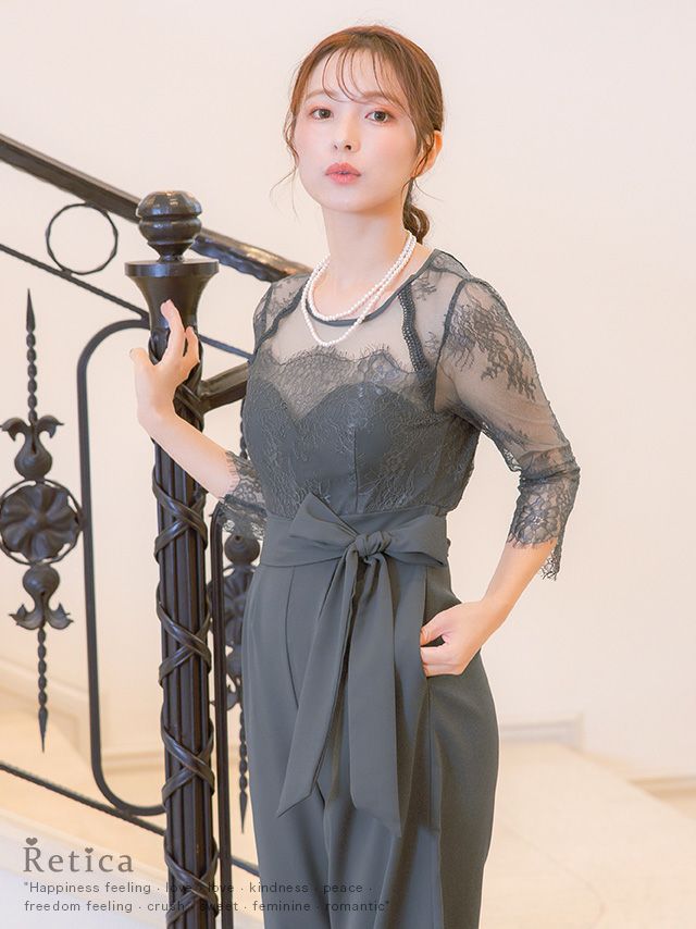 SALE] ビスチェ風シアーレース生地ワイドパンツドレス(S~4L)(ブルー