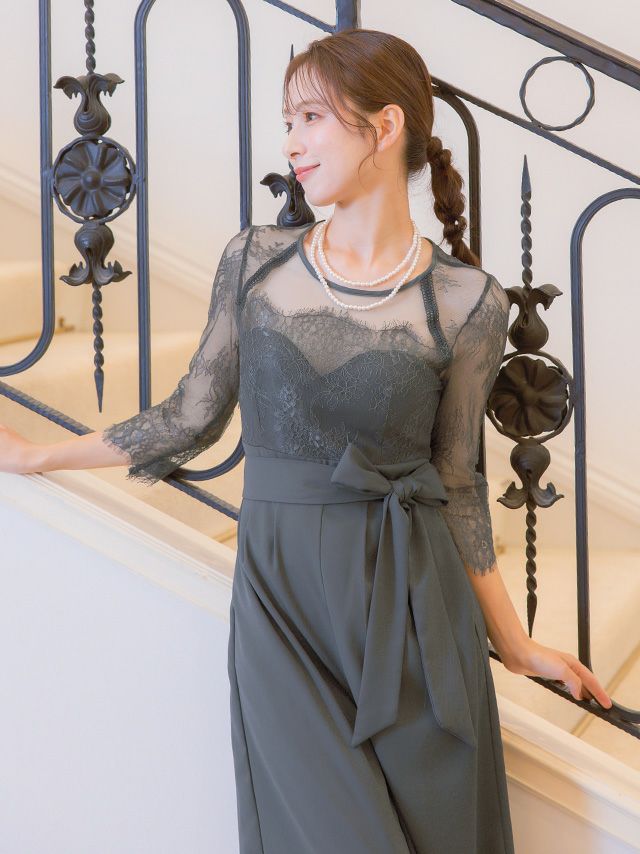 SALE] ビスチェ風シアーレース生地ワイドパンツドレス(S~4L)(ブルー