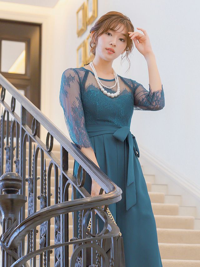 SALE] ビスチェ風シアーレース生地ワイドパンツドレス(S~4L)(ブルー