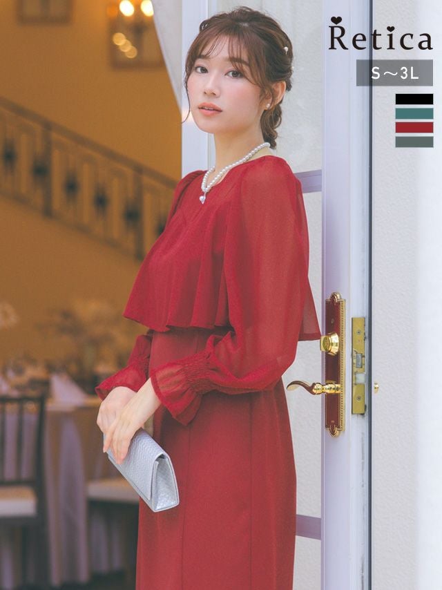 SALE] シアーパフスリーブロングパーティードレス(Sサイズ～3Lサイズ