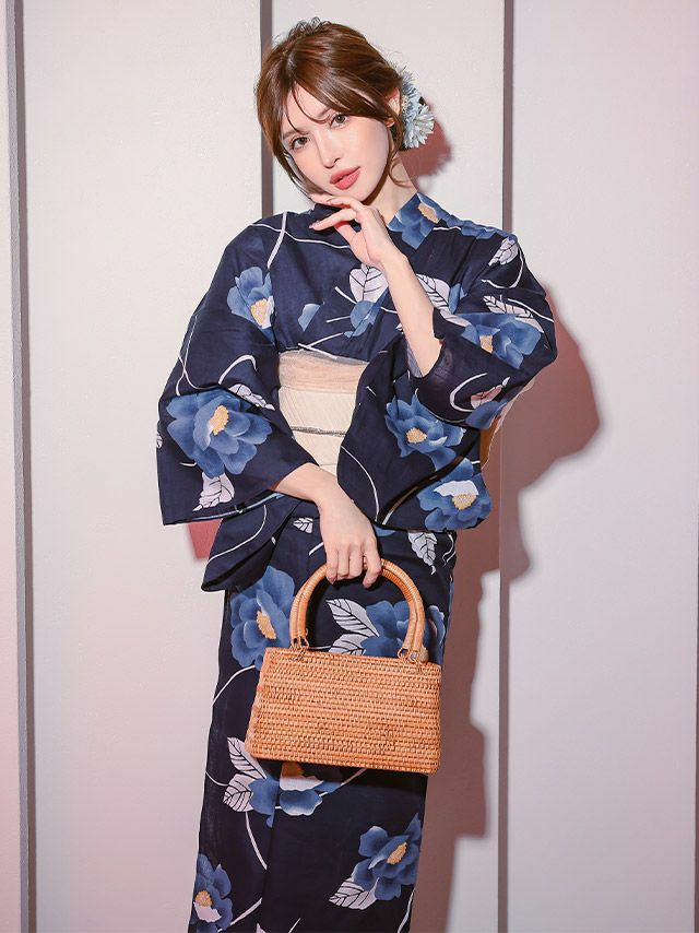 浴衣早割] 紺地青椿柄レディース浴衣2点セット(浴衣＋平帯)｜Retica