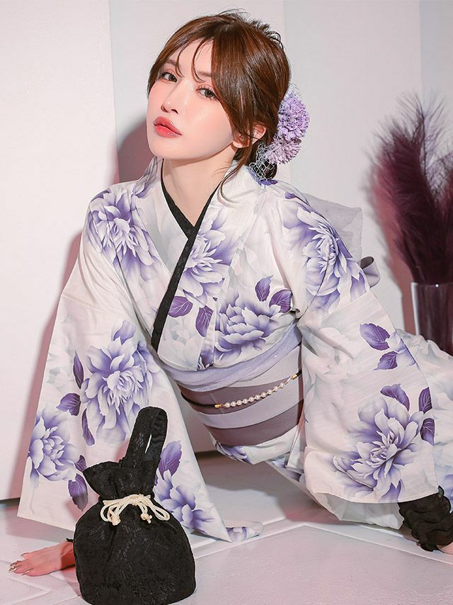 浴衣早割] 白地水彩風牡丹柄浴衣2点セット (浴衣+平帯or作り帯