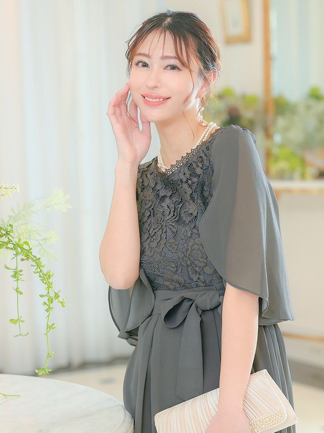 SALE] 袖ありウエストリボン付きフラワーレース×シフォンフレア