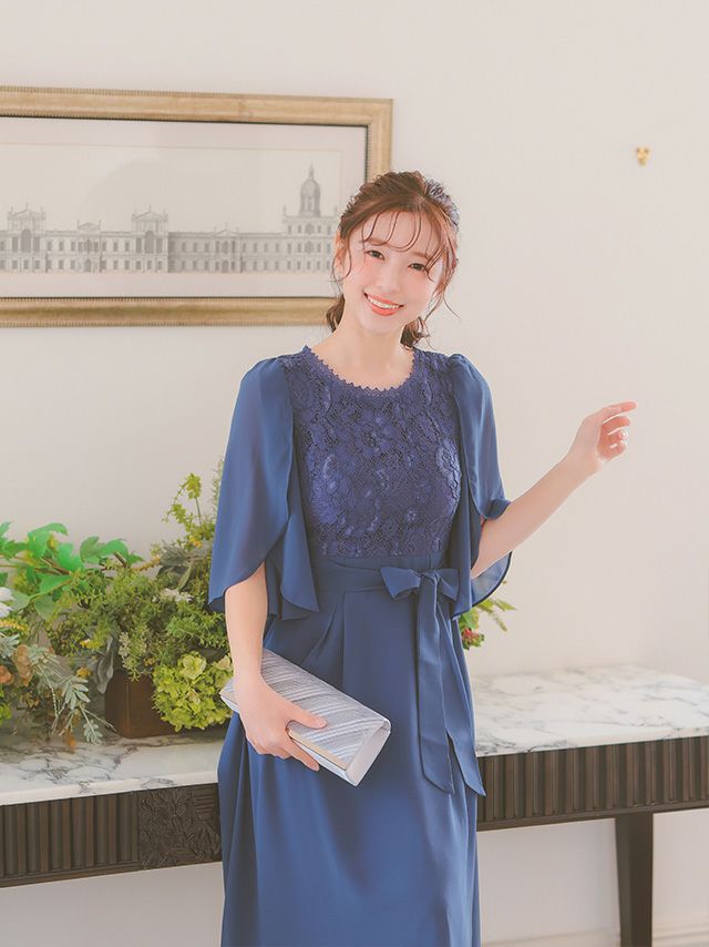 SALE] 袖ありウエストリボン付きフラワーレース×シフォンフレア