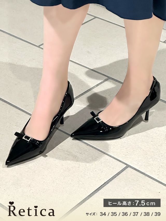 SALE] センターリボンエナメルポインテッドトゥパンプス(ブラック