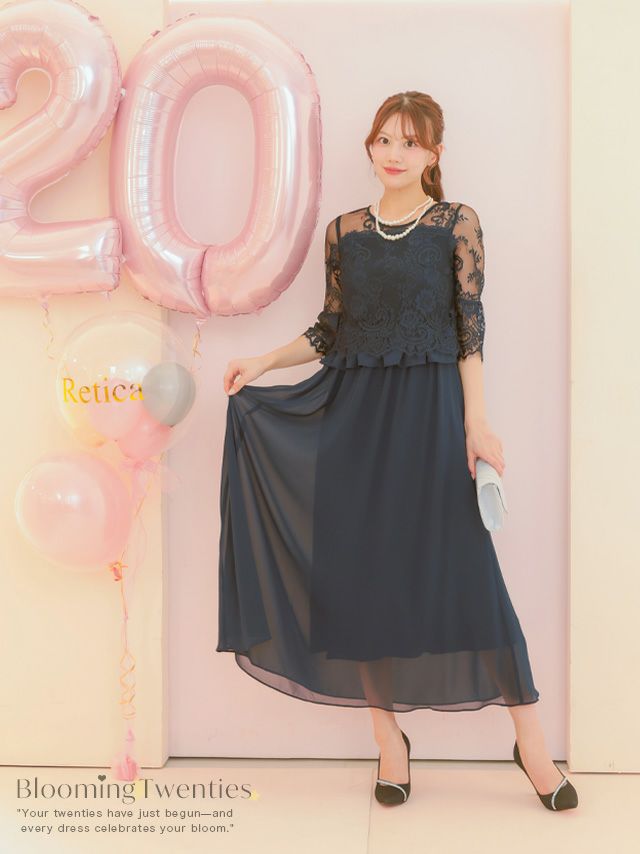 SALE] ペプラム風総レーストップ×シフォンロングワンピースドレス(S