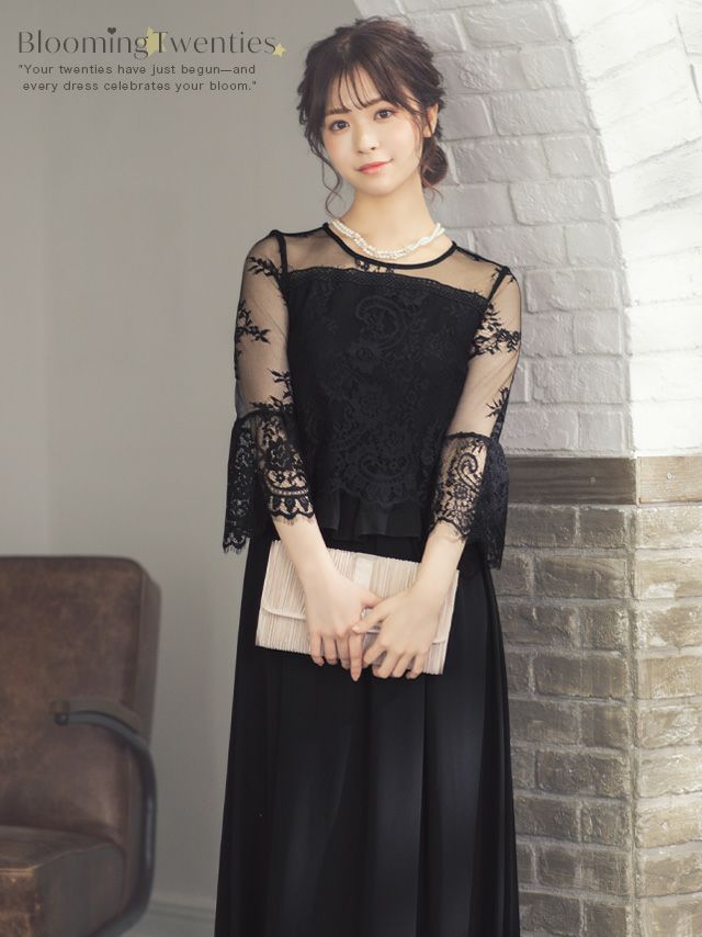 SALE] ペプラム風総レーストップ×シフォンロングワンピースドレス(S