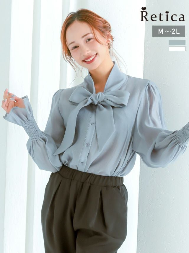 SALE] リボンタイ付き シフォンフリル袖 シアーブラウス セレモニー