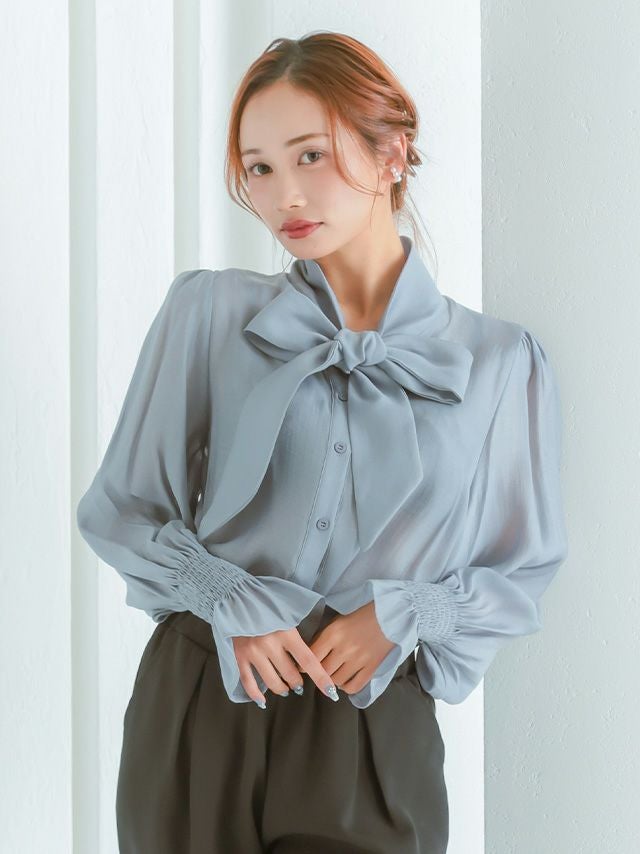 SALE] リボンタイ付き シフォンフリル袖 シアーブラウス セレモニー