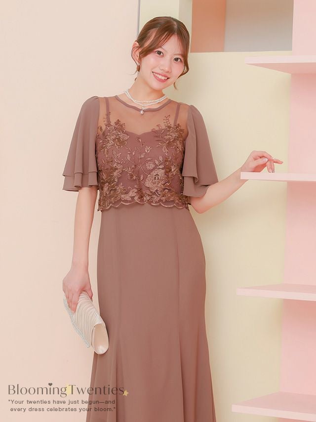 SALE] シースルー花柄刺繍シフォンフレア袖ロングパーティードレス(S