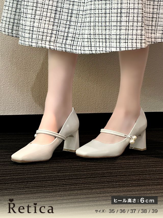SALE] パール装飾付き太ヒールストラップパンプス(オフホワイト