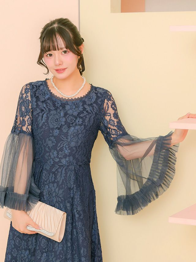 SALE] ボリュームフレアベルスリーブ総レースロング丈ワンピース