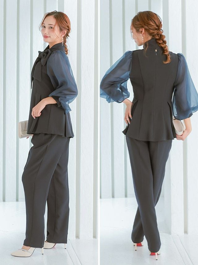 SALE] シアー袖 ペプラム 2way ボウタイ パンツドレス セットアップ(S