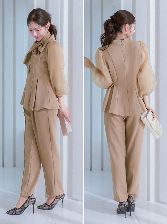 シアー袖 ペプラム 2way ボウタイ パンツドレス セットアップ(Sサイズ