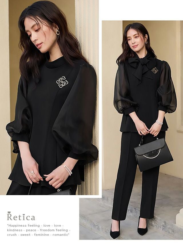 SALE] シアー袖 ペプラム 2way ボウタイ パンツドレス セットアップ(S