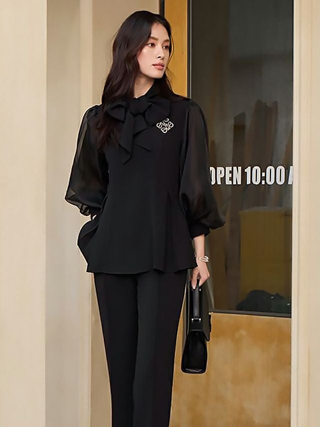 SALE] シアー袖 ペプラム 2way ボウタイ パンツドレス セットアップ(S