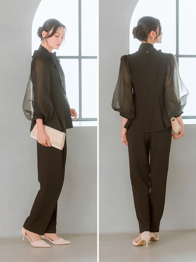 SALE] シアー袖 ペプラム 2way ボウタイ パンツドレス セットアップ(S