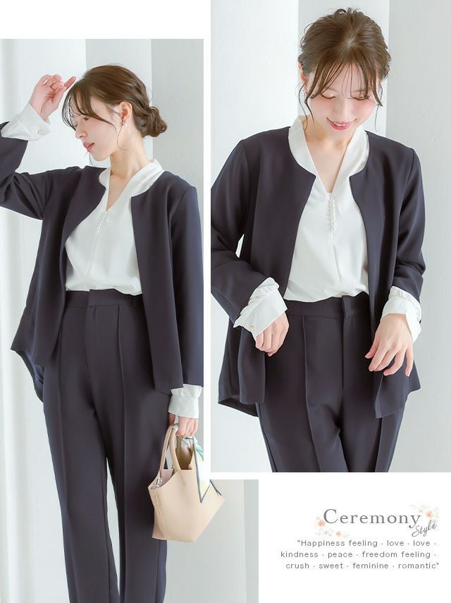 ノーカラー バックタック ジャケット＆センタープレス ストレート