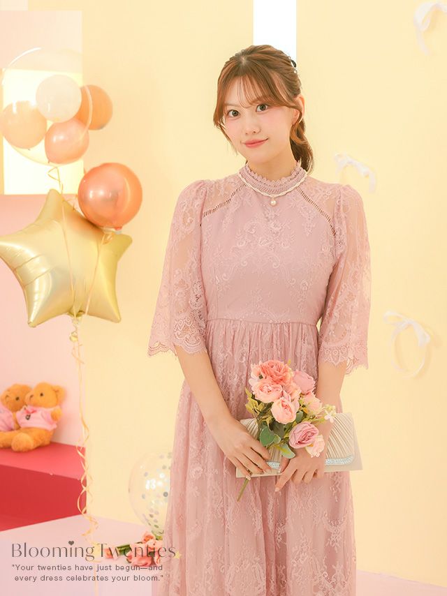 SALE] シアースリーブ総レースハイネック五分袖ワンピースドレス（S