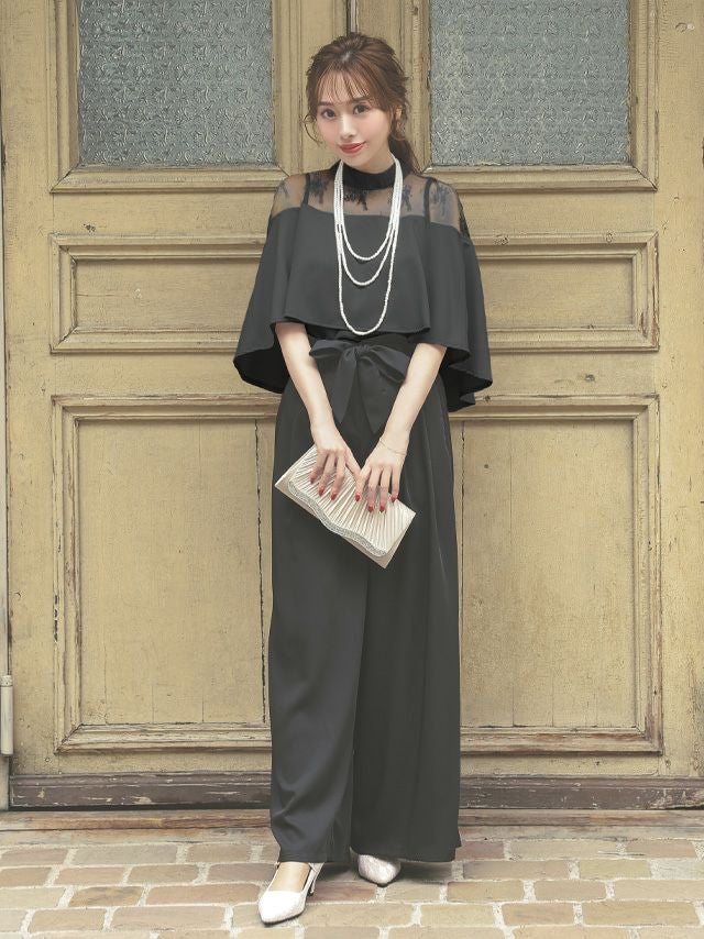 SALE] ケープスリーブ 総レース切替 ワイドパンツセットアップドレス