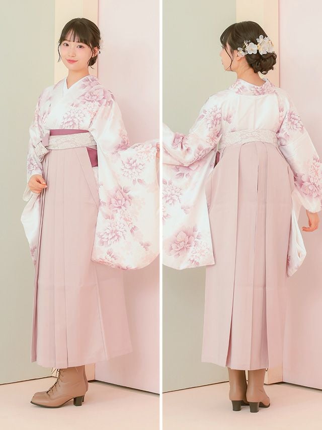 白地に牡丹花柄紐レース袴3点セット(袴+着物+帯)(Sサイズ～Mサイズ