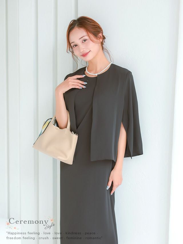 SALE] ノーカラー袖スリットジャケット×ノースリーブワンピース