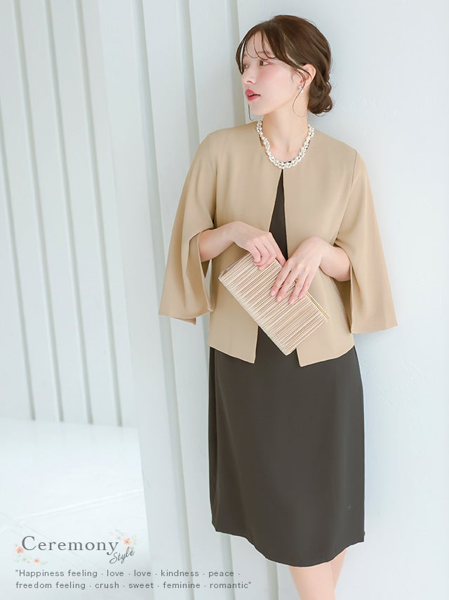 SALE] ノーカラー袖スリットジャケット×ノースリーブワンピース