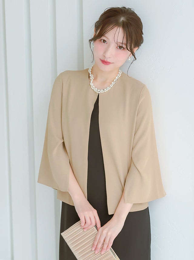 SALE] ノーカラー袖スリットジャケット×ノースリーブワンピース