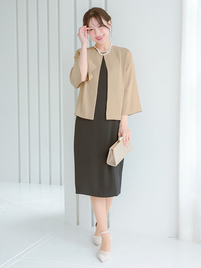 SUPER SALE] ノーカラー袖スリットジャケット×ノースリーブワンピース