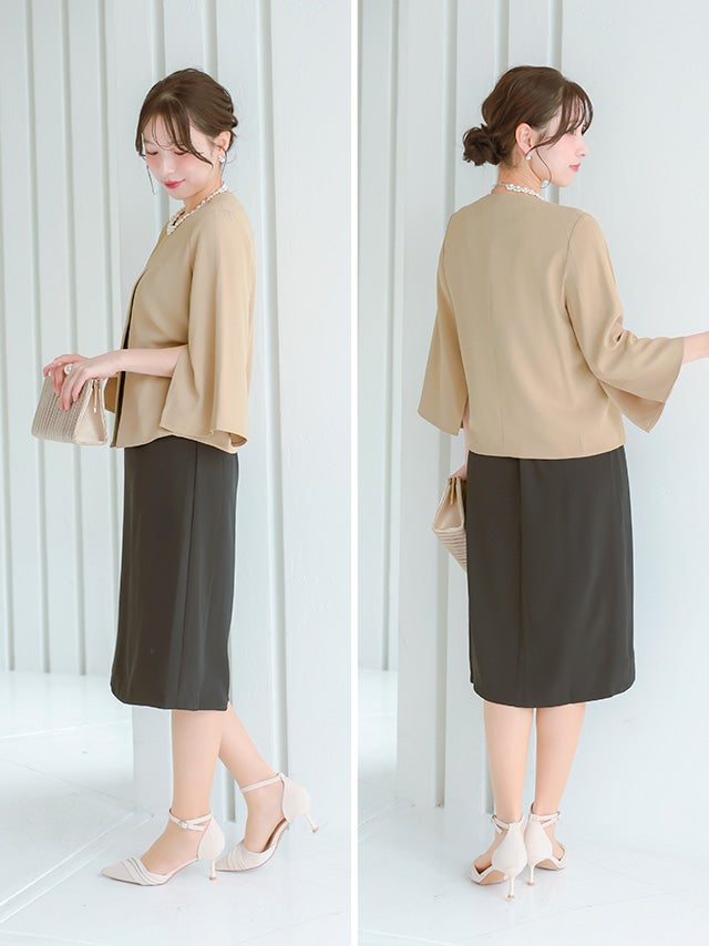 SALE] ノーカラー袖スリットジャケット×ノースリーブワンピース
