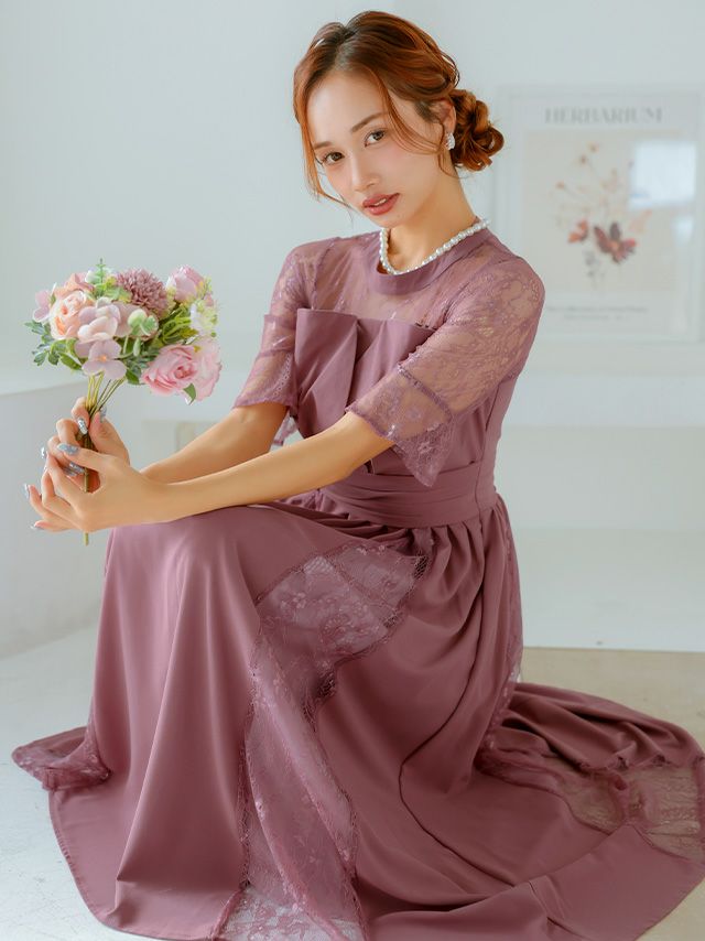 SALE] ビスチェ風レース切替五分袖パーティードレス 結婚式 大きい