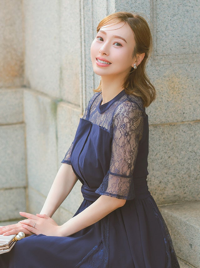 SALE] ビスチェ風レース切替五分袖パーティードレス 結婚式 大きい