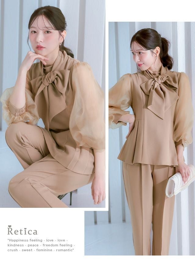 SALE] ペプラム パンツドレス セットアップ シアー袖 ボウタイ 長袖