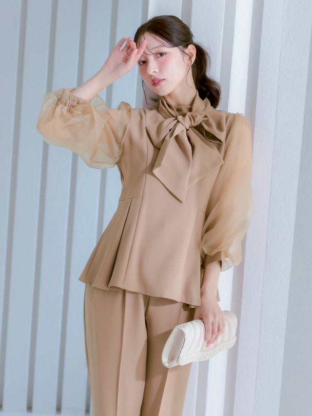 SALE] ペプラム パンツドレス セットアップ シアー袖 ボウタイ 長袖
