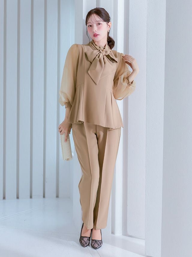 SALE] ペプラム パンツドレス セットアップ シアー袖 ボウタイ 長袖
