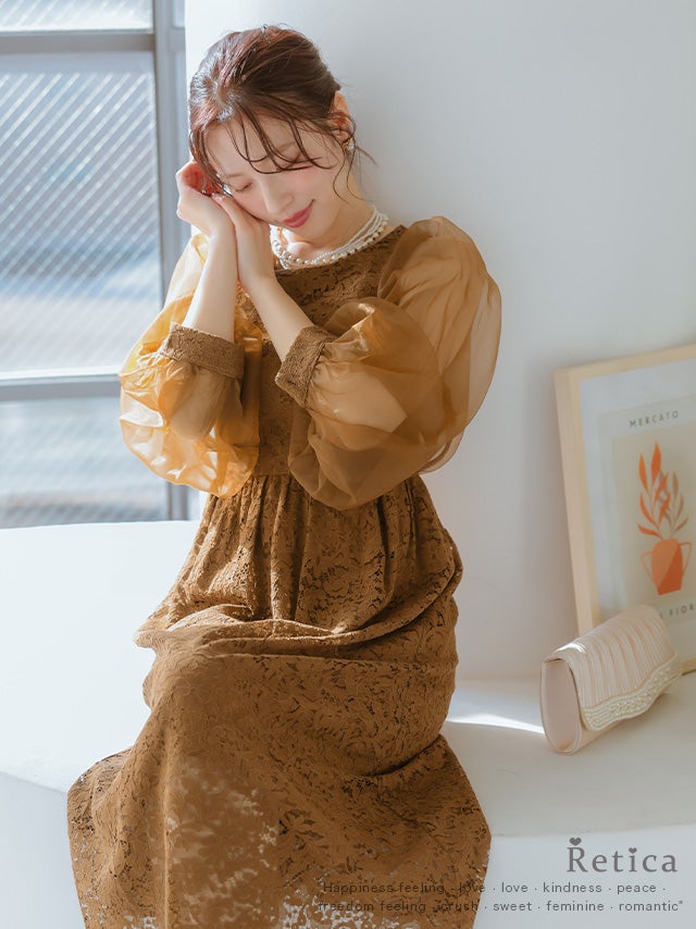 SALE] シフォンスリーブ 総レース 長袖 ロングワンピース Iライン