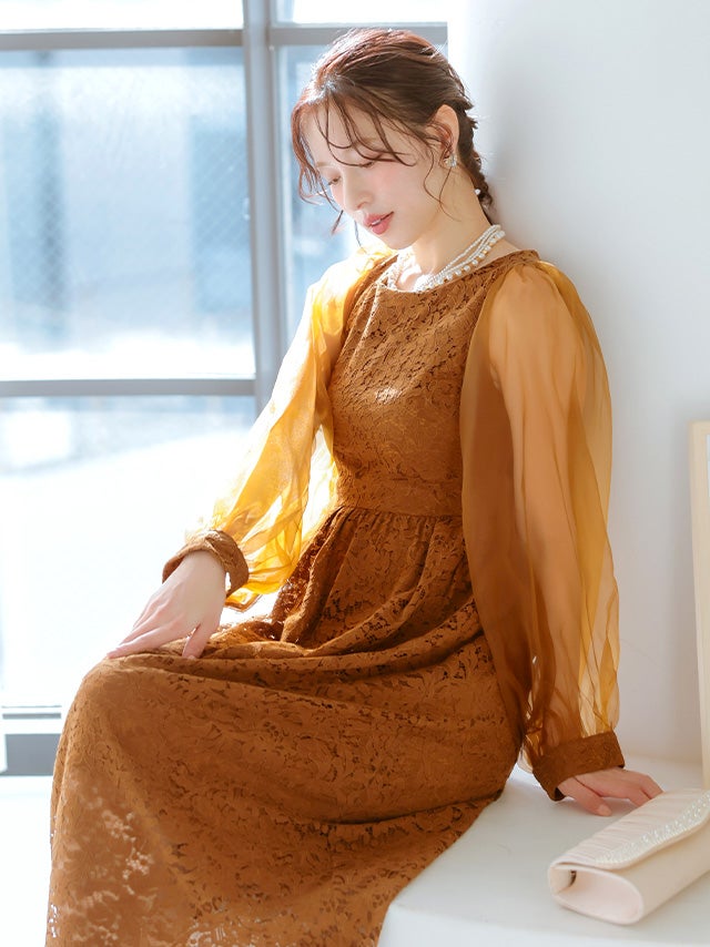 SALE] シフォンスリーブ 総レース 長袖 ロングワンピース フレアドレス