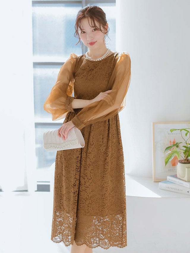 SALE] シフォンスリーブ 総レース 長袖 ロングワンピース フレアドレス