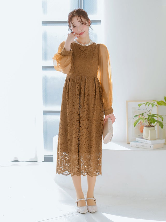 SALE] シフォンスリーブ 総レース 長袖 ロングワンピース フレアドレス