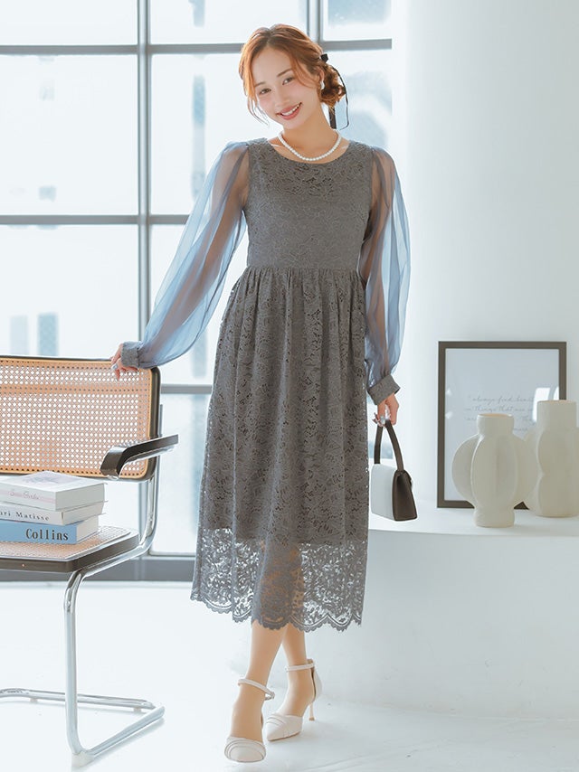 SALE] シフォンスリーブ 総レース 長袖 ロングワンピース Iライン