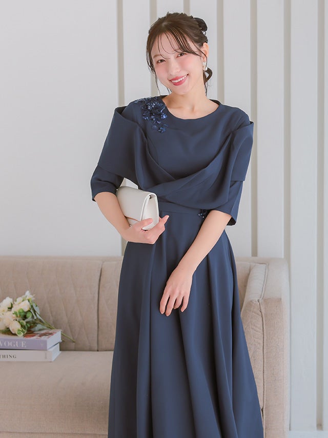 スパンコール花刺繍立体スリーブAラインパーティードレス 結婚式