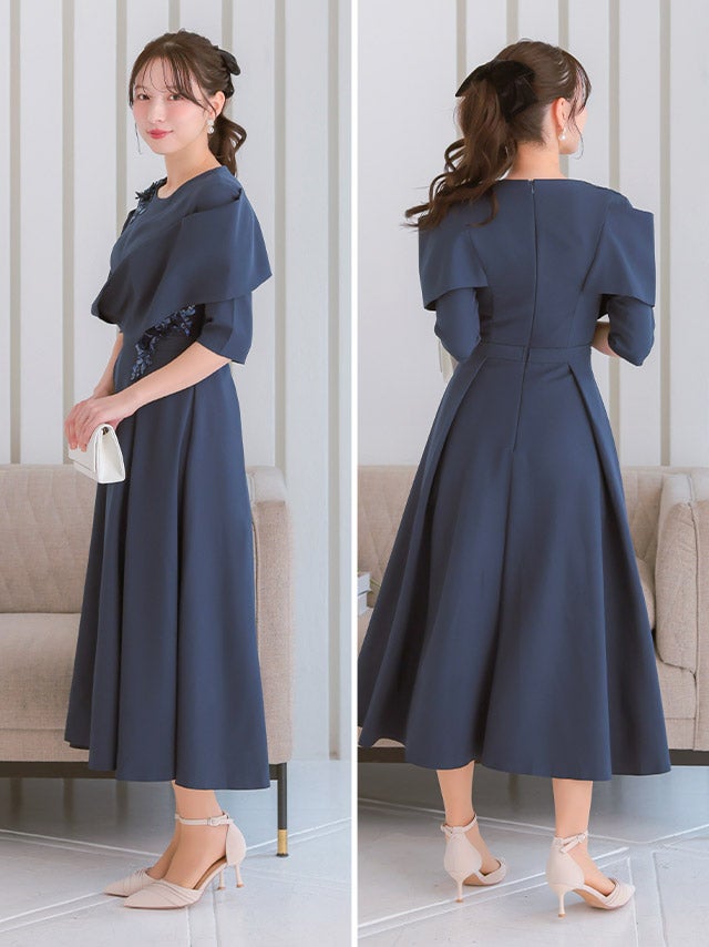 SALE] スパンコール花刺繍立体スリーブAラインパーティードレス 結婚式