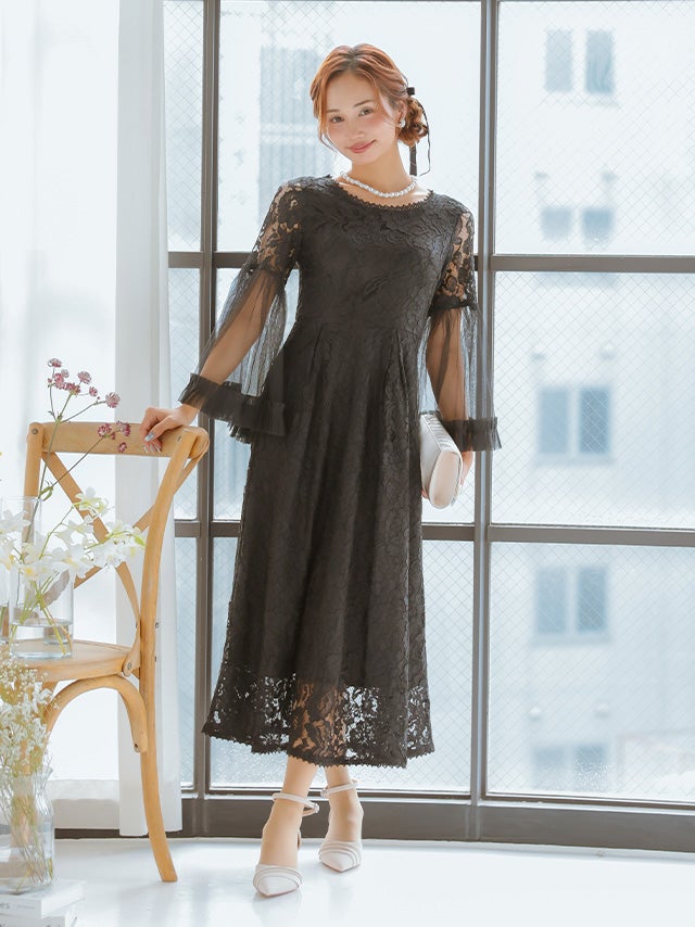 SUPER SALE] 長袖フレアチュールスリーブ×レースワンカラーフレア