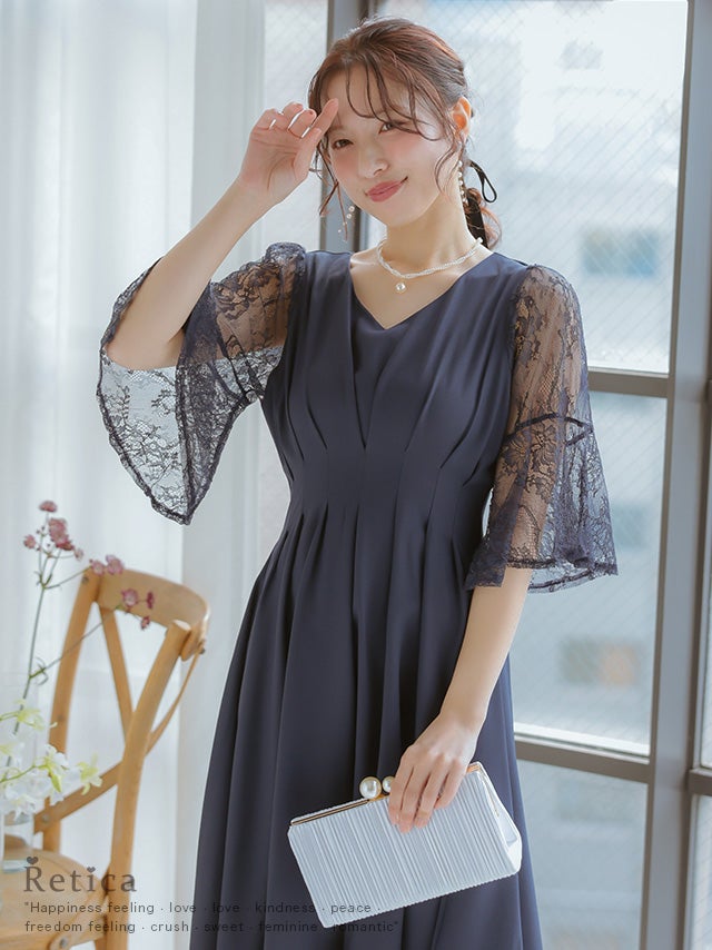 SALE] レースフレア半袖タックウエストマークVネックパーティードレス